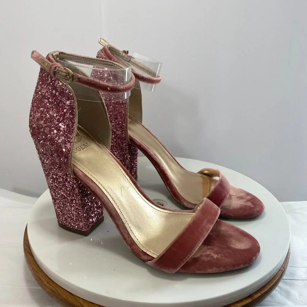 Guess Glitter Party Wrap BamBam Velvet Ankle Strap Block Heel Sandals 8.5 Pink‎